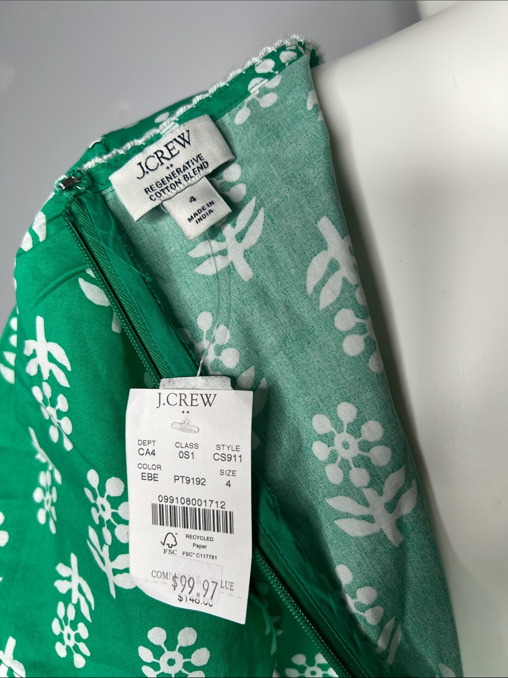 J. Crew Factory Block- Print Puff Sleeves Green Dress - Picture 11 of 12